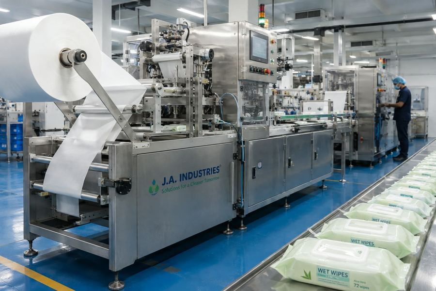J.A. Industries converting line, branded machinery producing wet wipe packs
