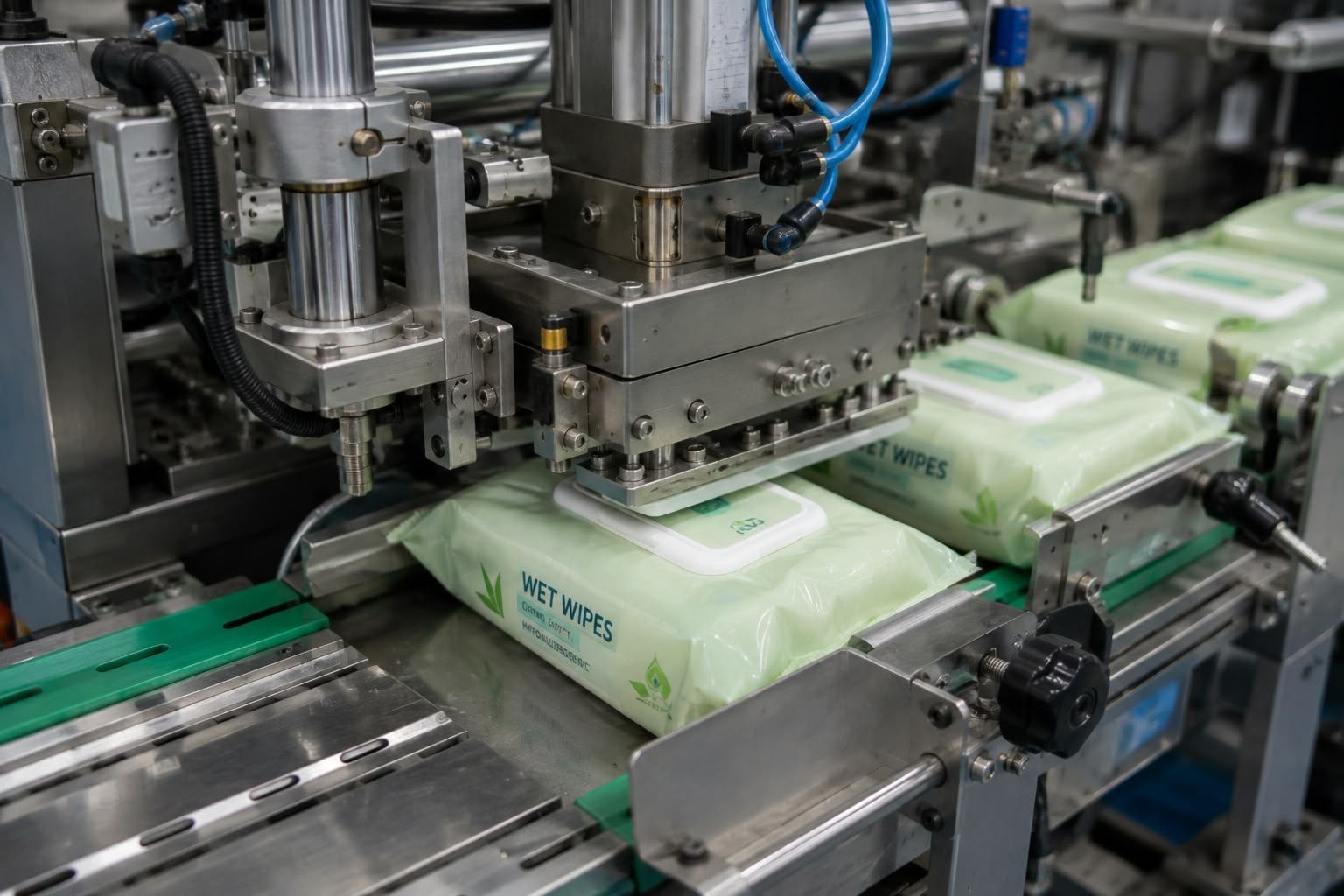 Quality control team inspecting finished wet wipe packs on the line