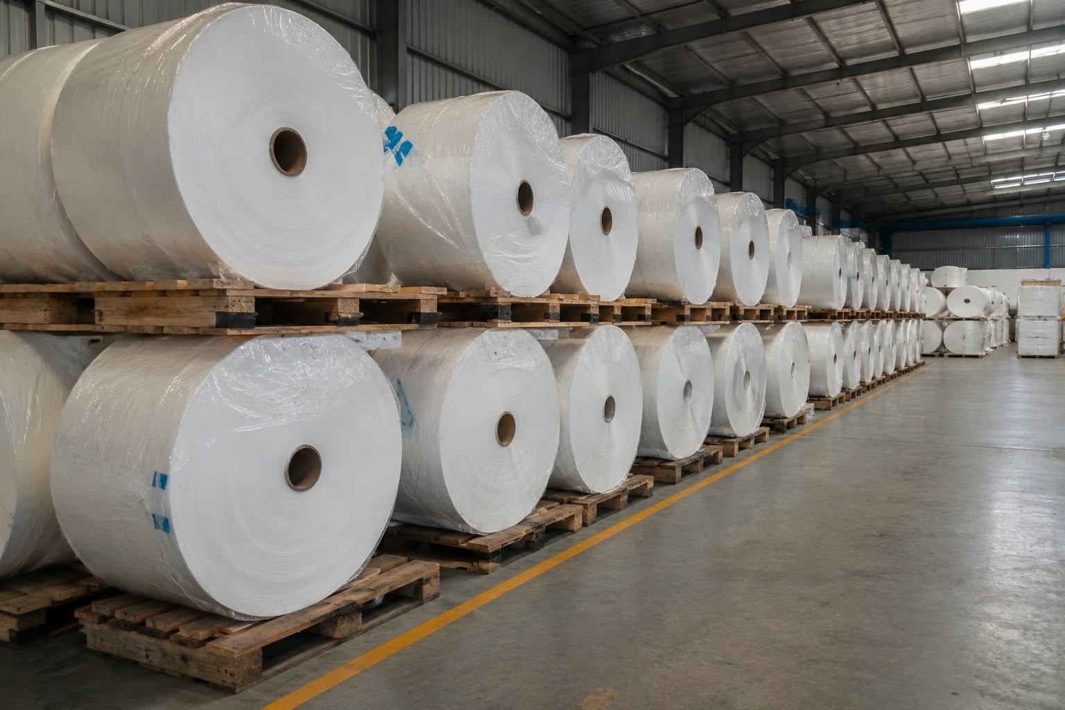 Warehouse stacked with raw nonwoven fabric rolls awaiting conversion